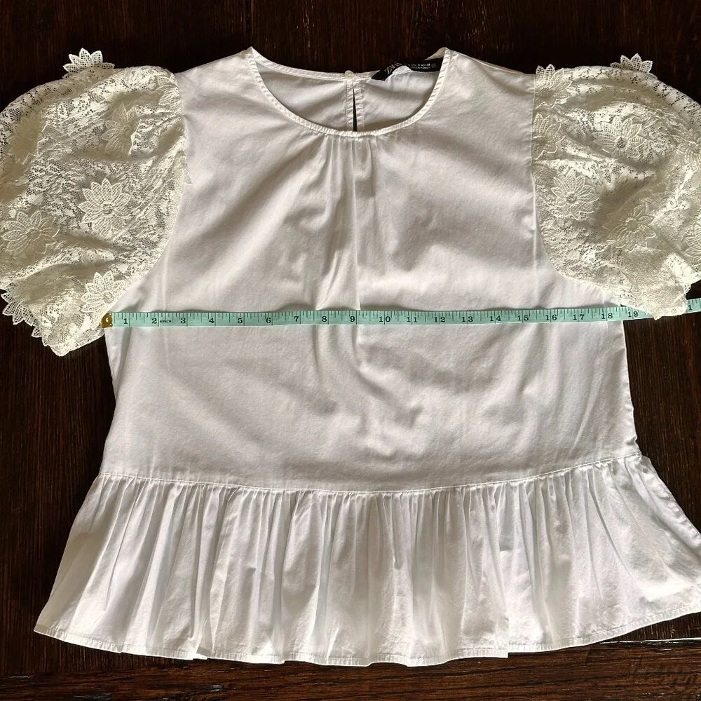 Zara White Lace-Sleeve Peplum Top Size S - Coquette - Picture 8 of 9